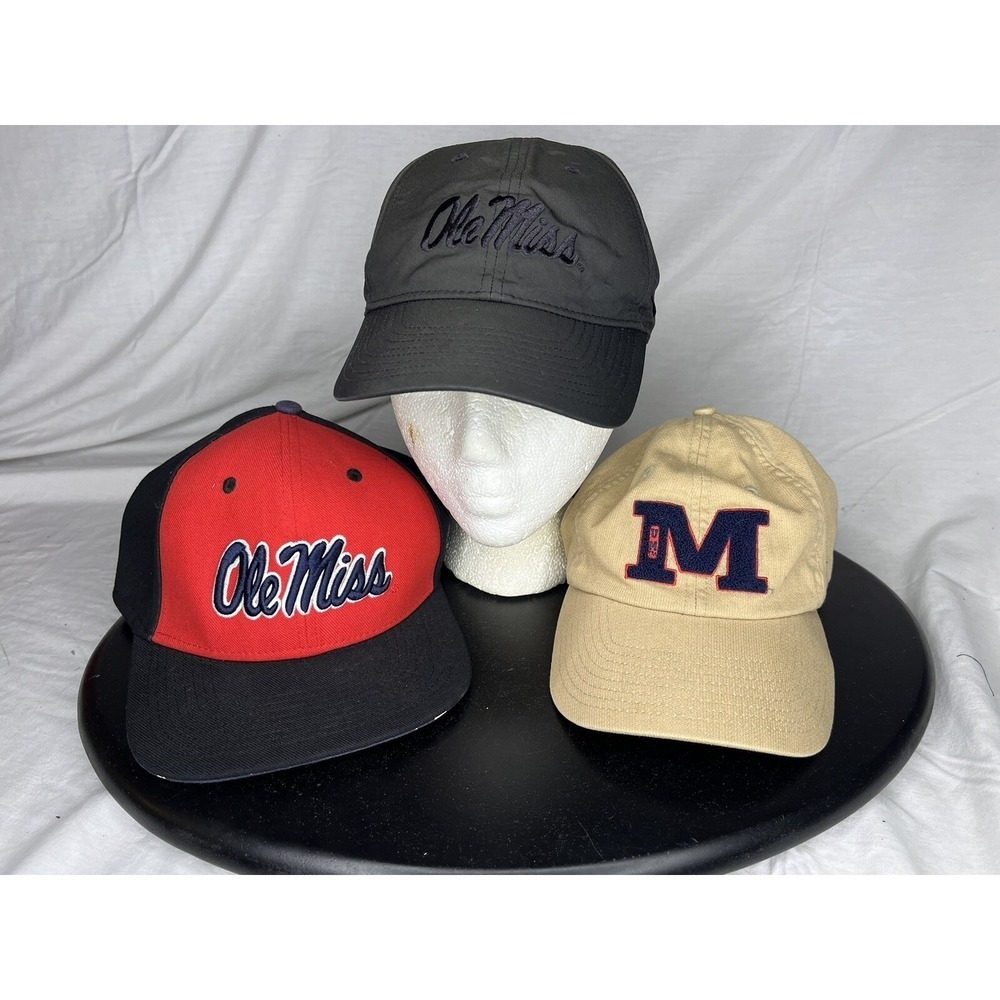 Nike Ole Miss Rebels Hat Cap Lot Of 3 Gray Beige Red & Blue Strap Back SnapBack